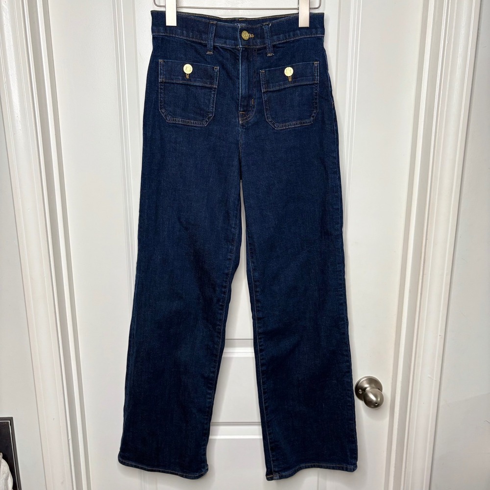 J.Crew Premium Full Length Slim Wide Leg Sailor Jeans Dark Wash Nautical Size 25